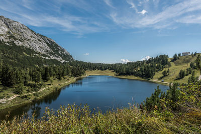 Scenic view of lake by mountains against sky