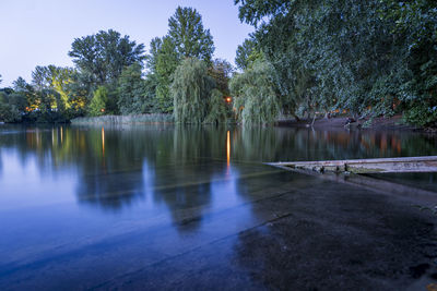 Scenic view of lake by trees against sky