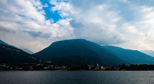 Scenic view of lake by mountains against sky