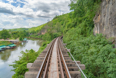 Railroad tracks amidst trees and plants against sky