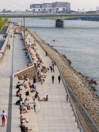 High angle view of people on steps at beach