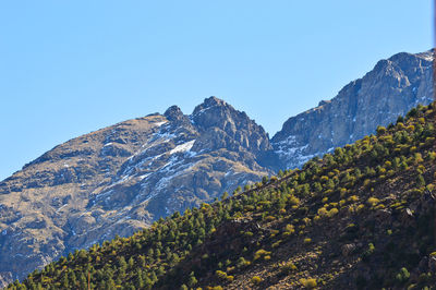 Scenic view of snowcapped mountains against clear blue sky