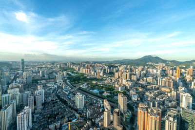 Buildings in shenzhen, guangdong province, china, at sunset