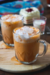 Close-up of coffee served on table