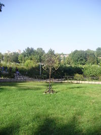 Trees on field against clear sky