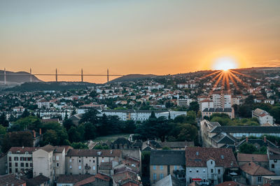 High angle view of townscape against sky at sunset