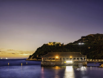 Scenic view of bay against sky at sunset