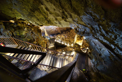 High angle view of illuminated cave