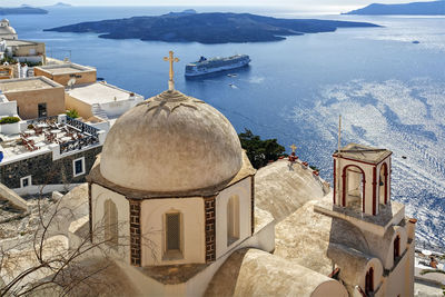 High angle view of building and mountains against sky