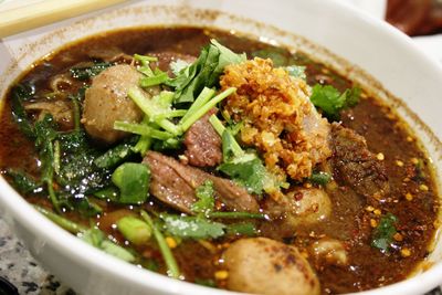 High angle view of soup in bowl