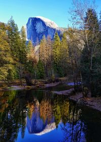 Scenic view of half dome by trees against sky
