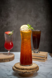 Close-up of drink served on table