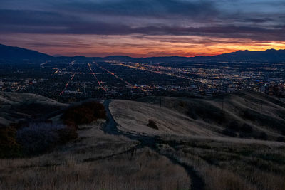 High angle view of cityscape against sky during sunset