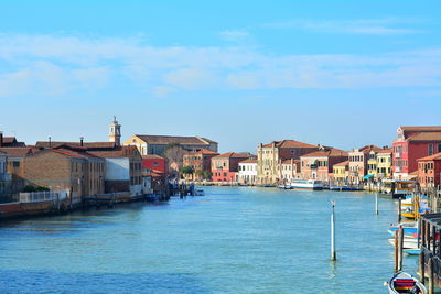 View of buildings at waterfront against cloudy sky