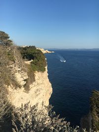High angle view of sea against clear sky
