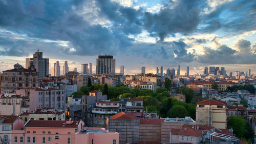 High angle view of buildings in city against sky