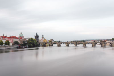 Bridge over river against buildings in city against sky