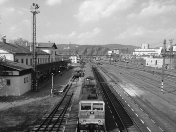 High angle view of railroad station against sky