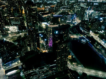 High angle view of illuminated cityscape at night