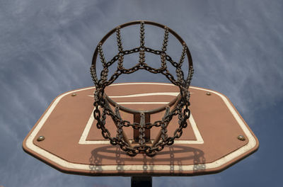 Close-up of basketball hoop against blue wall