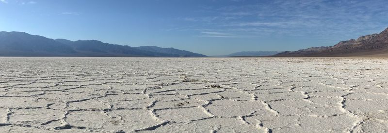 Surface level of barren land against sky