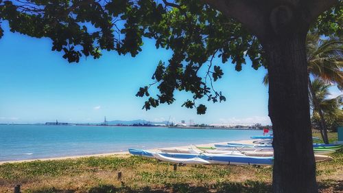 Scenic view of sea against blue sky