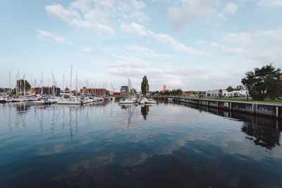 View of boats moored at harbor