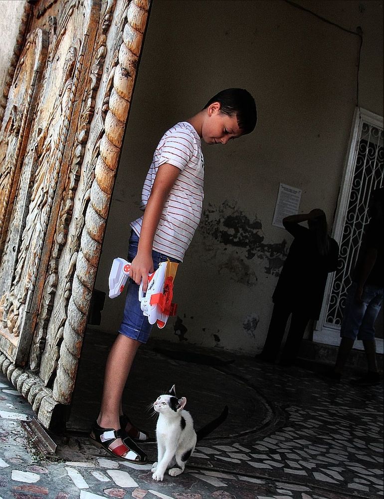 FULL LENGTH OF BOY PLAYING WITH DOG STANDING ON FLOOR