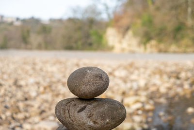 Close-up of stone stack on rock