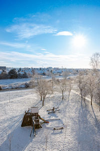 Nove zamky, slovakia  01 14 2021 a winter snowy landscape of the city nove zamky 