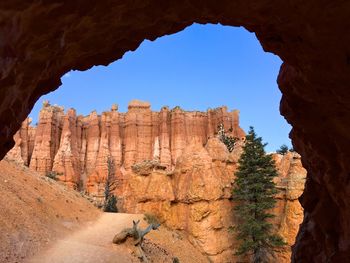 Low angle view of rock formations against clear blue sky at bryce canyon national park