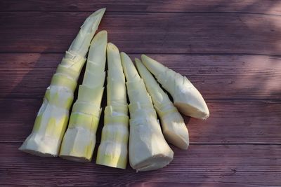 High angle view of vegetables on wooden table