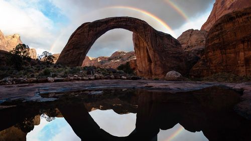 Reflection of rock formations in water against sky