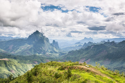 Scenic view of mountains against cloudy sky