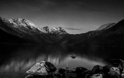 Scenic view of lake and mountains against sky