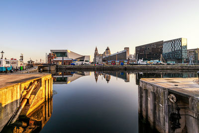 Bridge over river by buildings against clear sky