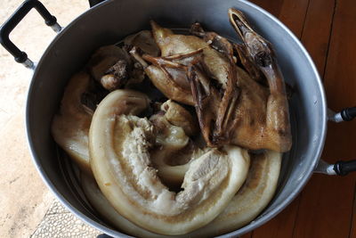 High angle view of noodles in bowl on table