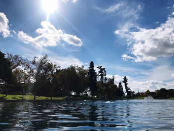 Scenic view of lake against sky on sunny day