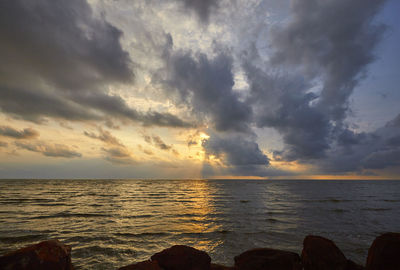 Scenic view of sea against dramatic sky