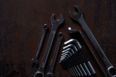High angle view of work tools on table