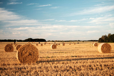 Hay bales on field against sky