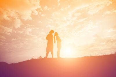 Friends standing against sky during sunset