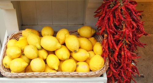 Fruits in basket for sale at market stall