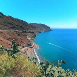 High angle view of bay against clear blue sky