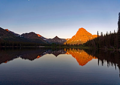 Scenic view of lake and mountains against clear sky