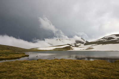 Alpine mountain lake landscape, colorful nature view, georgian lake, travel destination