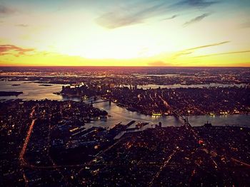 Aerial view of city at dusk