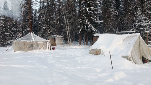 Geological field camp in the winter in the forest. old tents, abandoned in the snow