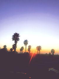 Silhouette palm trees on field against sky at sunset