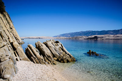 Rock formations in sea against clear blue sky